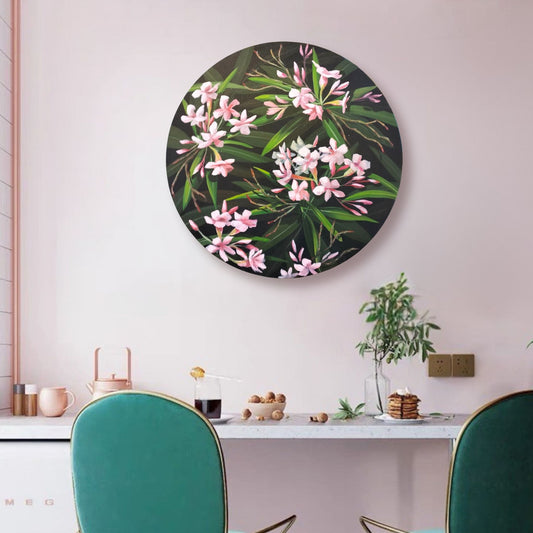 Deception floral painting by Susan Vorster – soft pink flower with lush foliage in a styled room