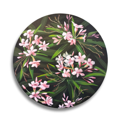 Deception floral painting by Susan Vorster – soft pink flower with lush foliage in misty style.