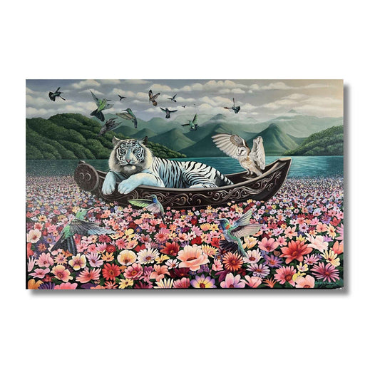 Oil painting of a white tiger reclining in an ornate canoe on a sea of pink wildflowers with hummingbirds and a barn owl by NZ artist Lauren Worsley, black float framed
