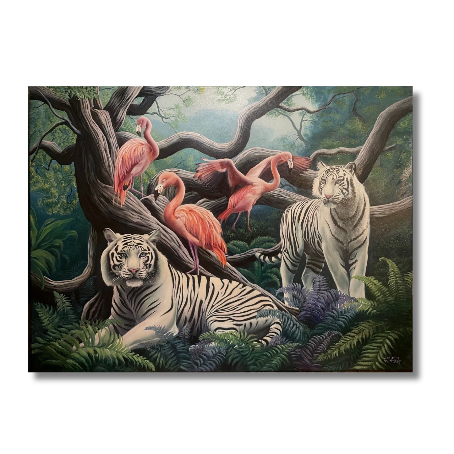 Large oil painting of two white tigers in a mystical green forest with flamingos perched in ancient twisted trees by NZ artist Lauren Worsley, black float framed

