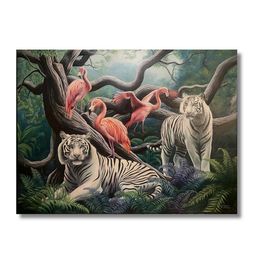 Large oil painting of two white tigers in a mystical green forest with flamingos perched in ancient twisted trees by NZ artist Lauren Worsley, black float framed
