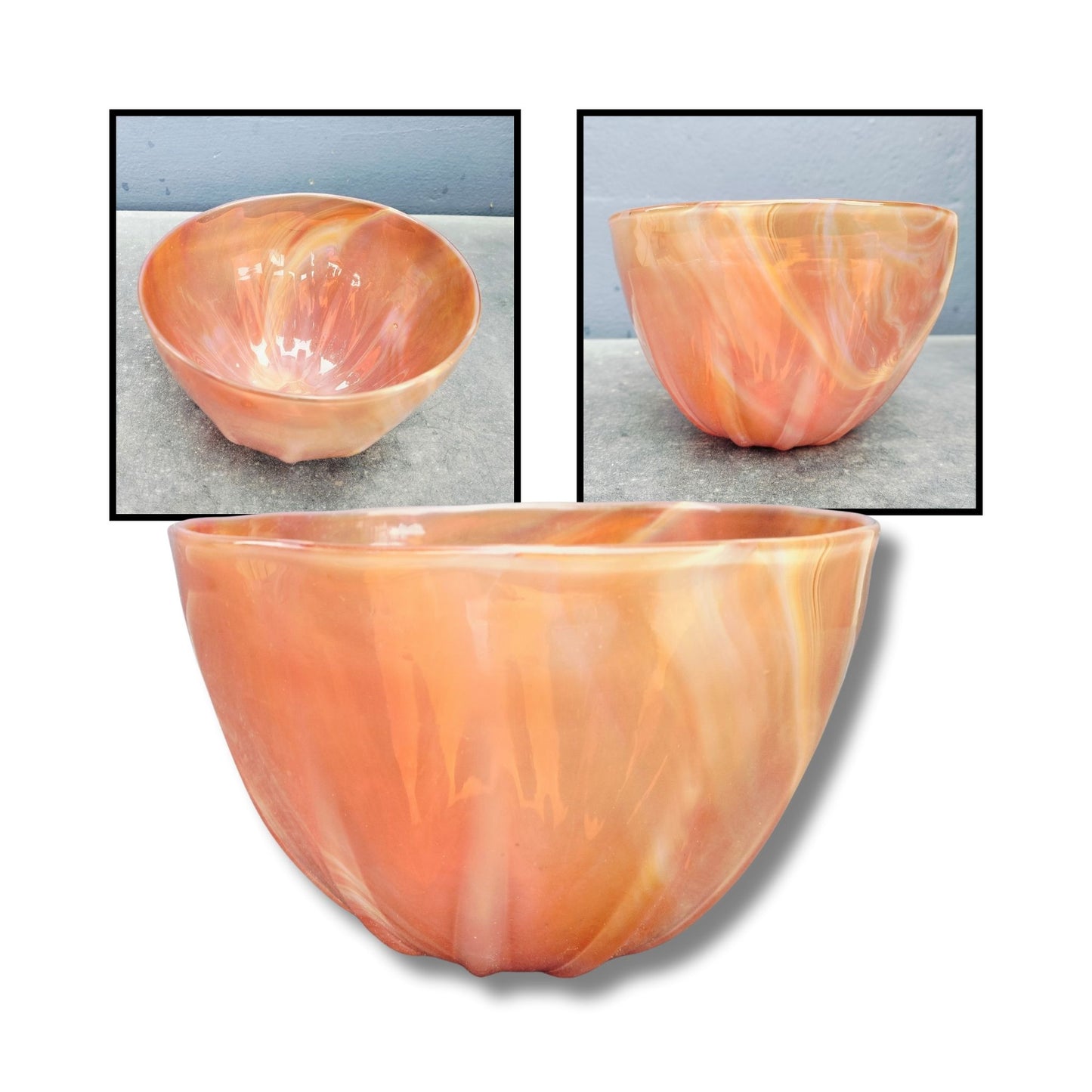 Orange blue handblown glass bowl with subtle sparkle, crafted by NZ glass artist Heather Kremen.