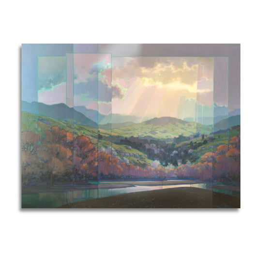 Original mixed media painting by Brent Redding showing river stones, autumn trees, and light streaming through clouds with purple undertones.