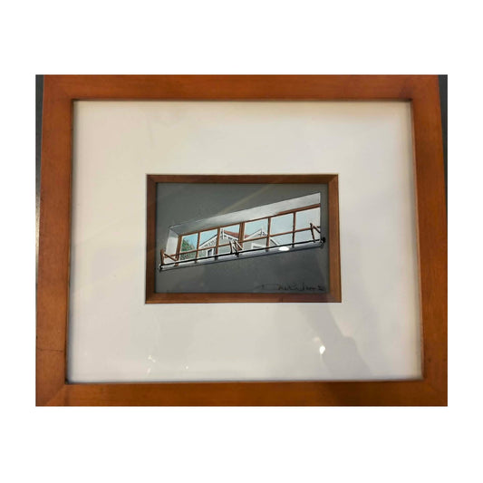 Original watercolour by David Jung. A precise, intimate architectural study of light through a clerestory window. Framed, 310 x 270mm.
