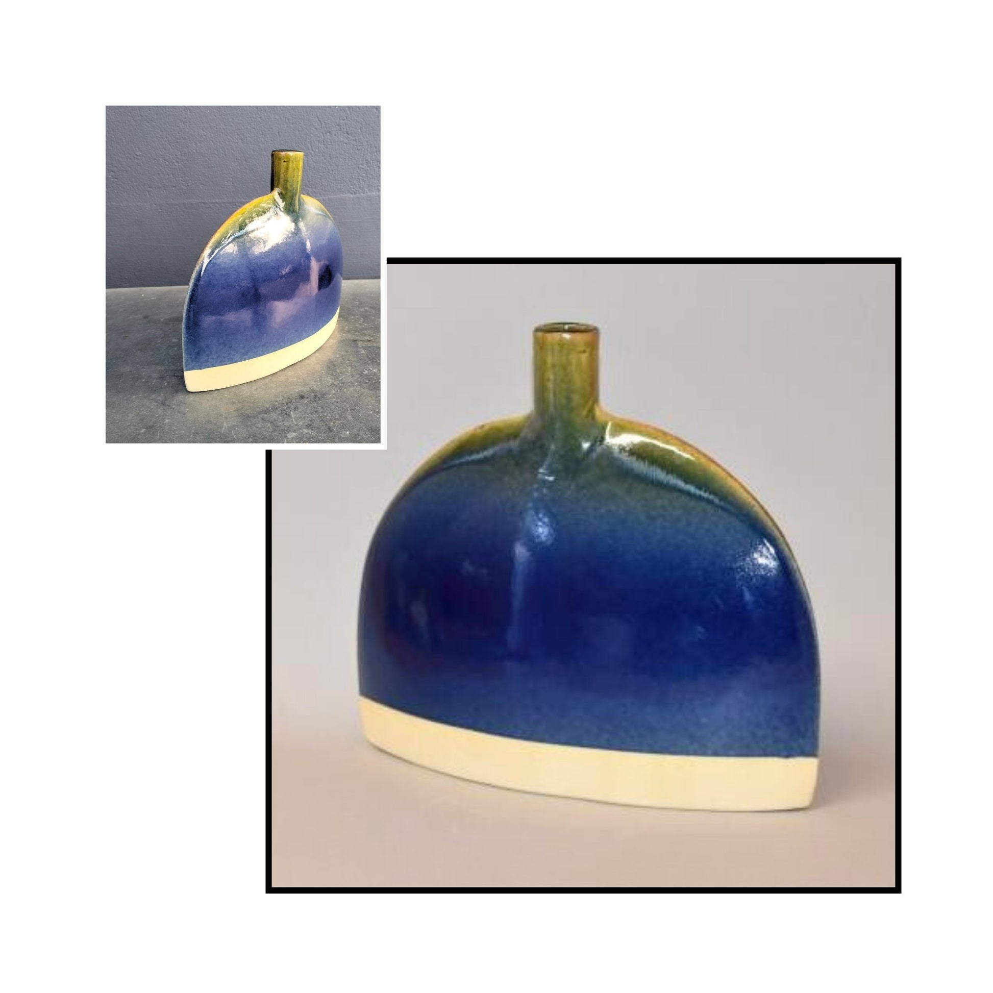 Handcrafted ceramic bottle vase by Greg Melville in cobalt blue and olive glaze, with a soft unglazed base and curved sculptural form.