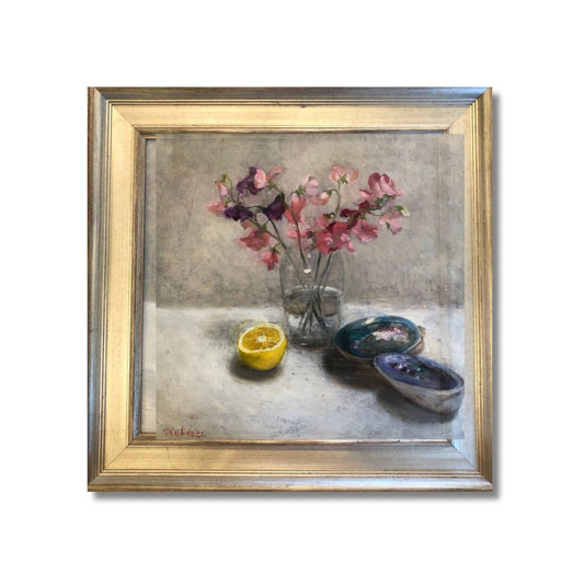 Sweet-Pea and Paua original oil painting by Tatyana Kulida, featuring delicate pink sweet peas in glass vase with paua shells and lemon, soft grey background, gold framed