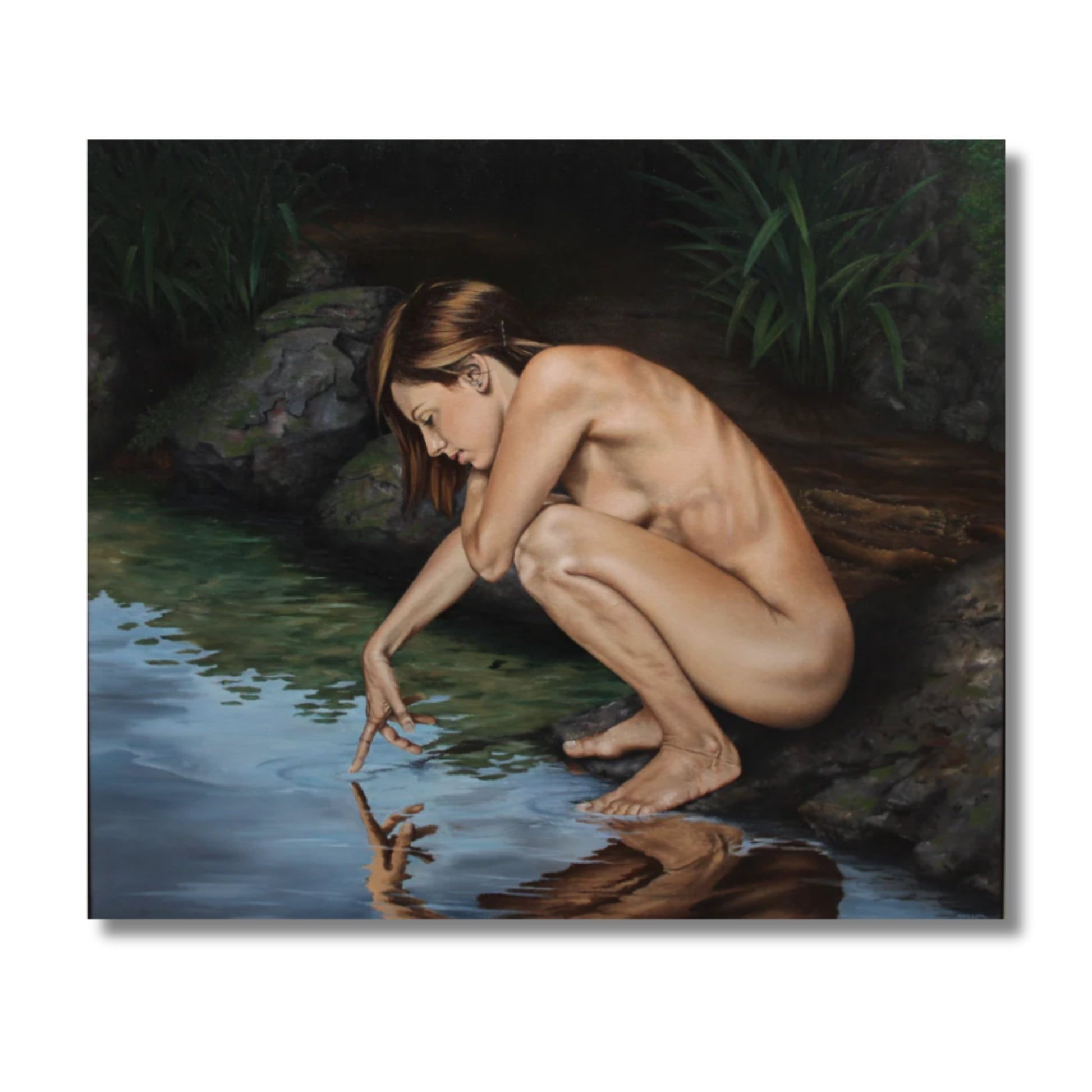 The Pool of Dreams oil painting by Peter Miller showing figure beside reflective water with dark green foliage
