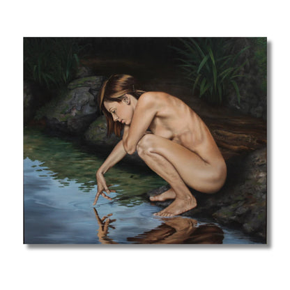 The Pool of Dreams oil painting by Peter Miller showing figure beside reflective water with dark green foliage
