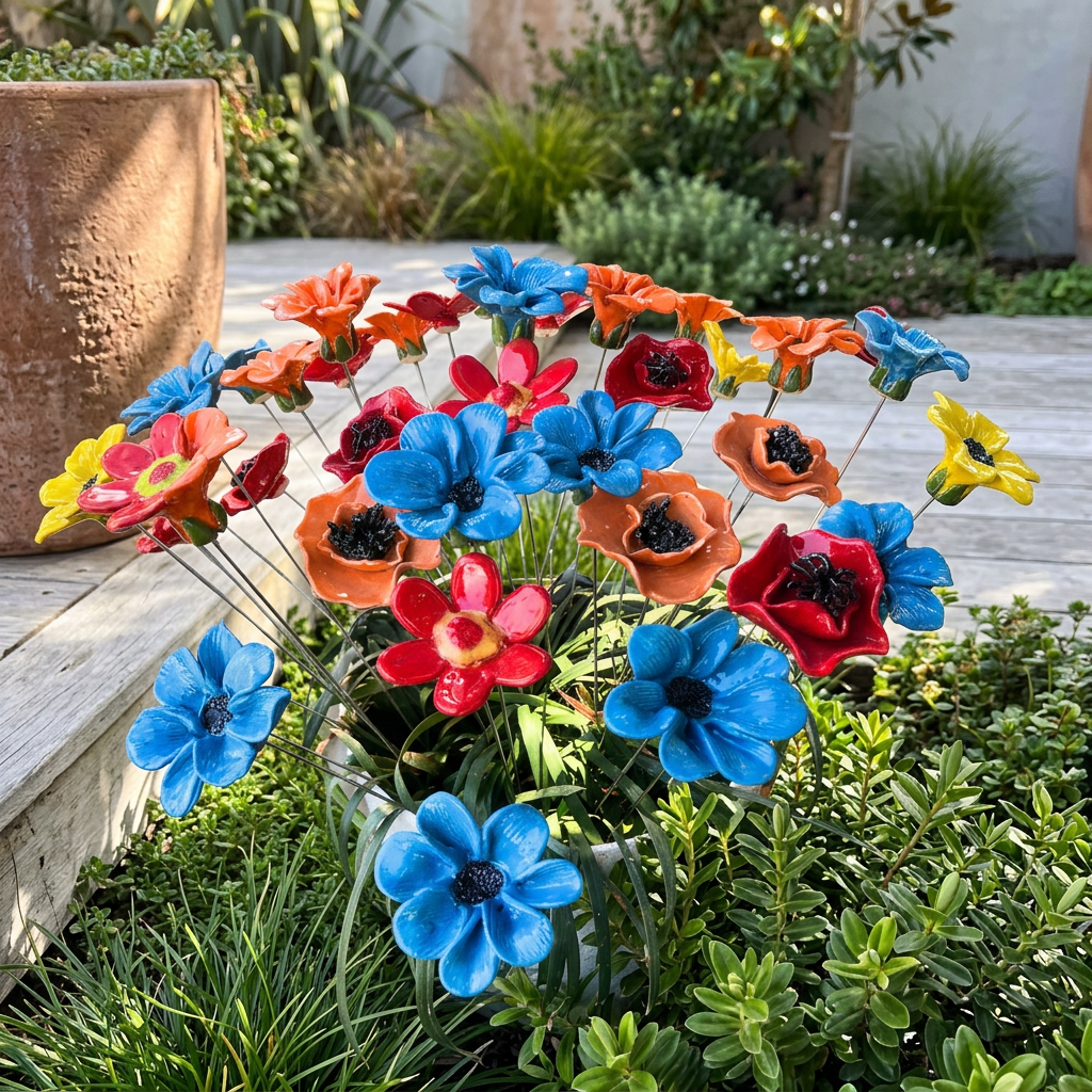 A colourful mixture of Teresa Corbishley’s ceramic flowers in a sunny courtyard garden