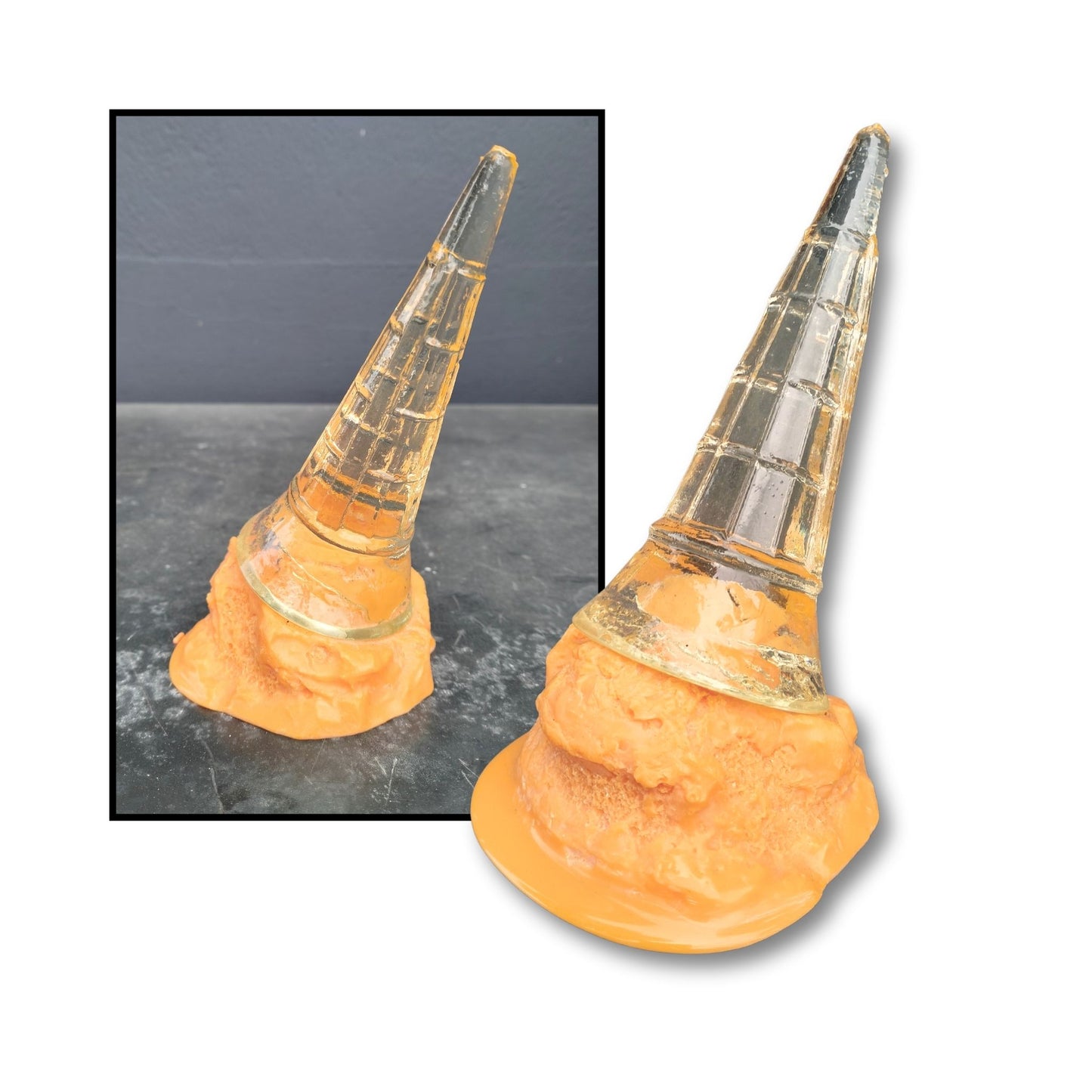 An acrylic art piece depicting a peach-toned ice cream mishap with a clear upright cone and glossy melted drips.

