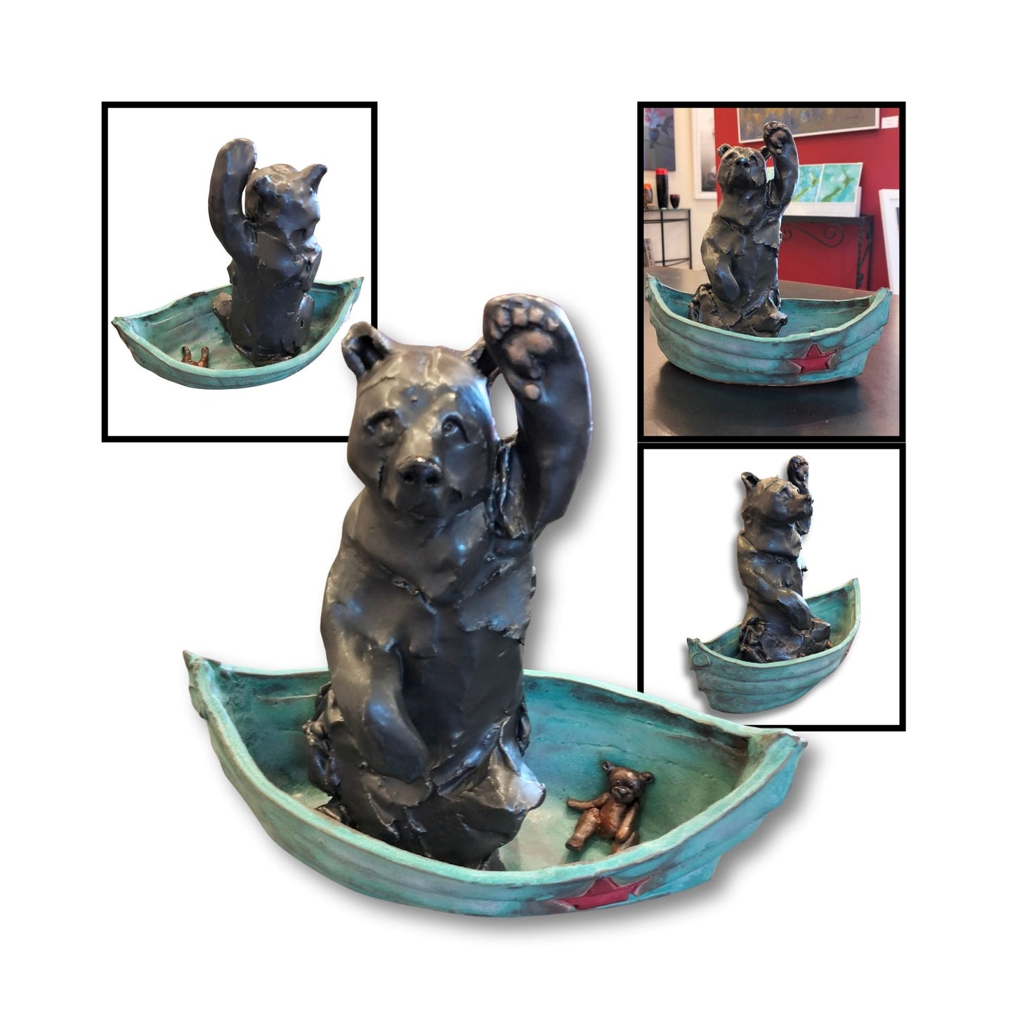 Diff angles of ceramic sculpture of a black bear sitting in a teal blue boat with a small brown teddy bear, featuring a red star on the boat; handmade by Kylie Matheson.