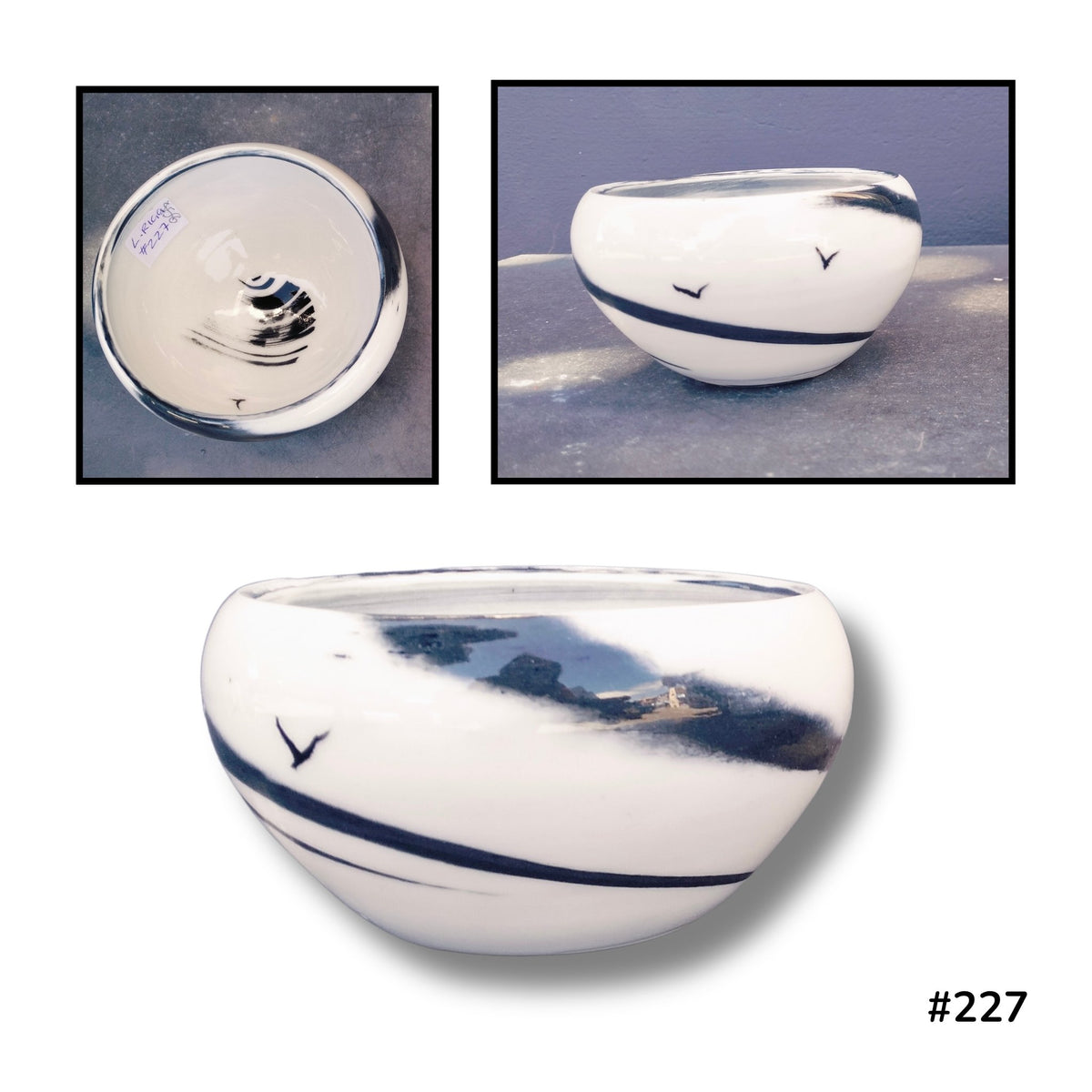 Small Agate Bowl with Birds #227 by Lyn Rigg, with dark flowing bands and small bird silhouettes on creamy porcelain, shown from above and two side angles.
