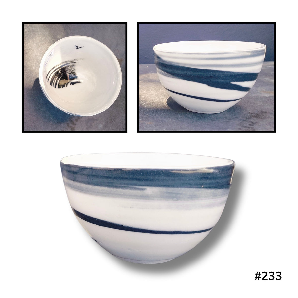 Small Agate Bowl with Bird #233 by Lyn Rigg, with flowing dark and grey bands around creamy porcelain and a tiny bird inside, shown from above and the sides.
