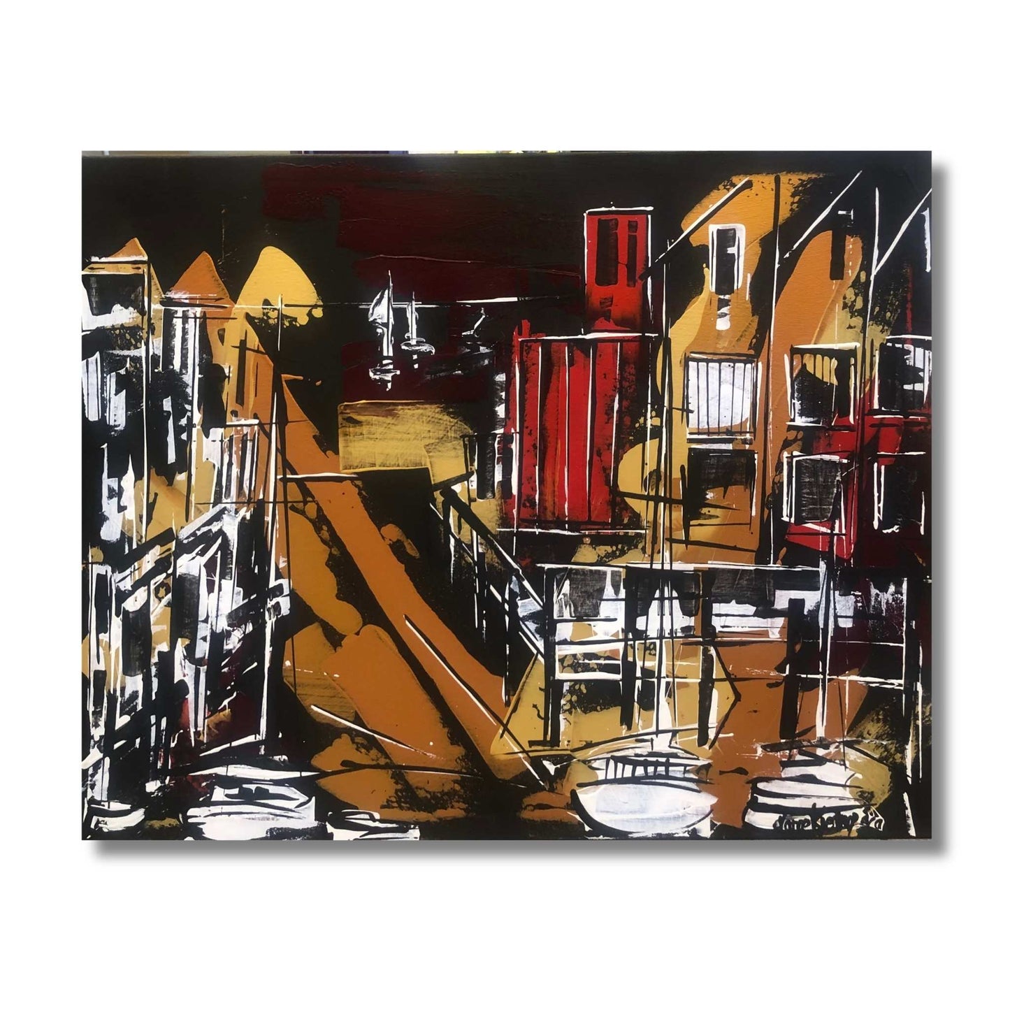 Bold abstract mixed media painting of Ahuriri's historic buildings and harbour with yacht masts in deep black, burnt gold, red and white by New Zealand artist Marie Kjestrup Evans, 100 × 80cm.
