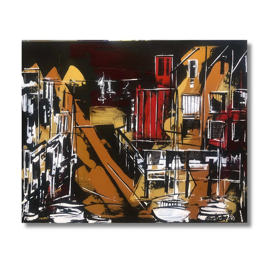 Bold abstract mixed media painting of Ahuriri's historic buildings and harbour with yacht masts in deep black, burnt gold, red and white by New Zealand artist Marie Kjestrup Evans, 100 × 80cm.
