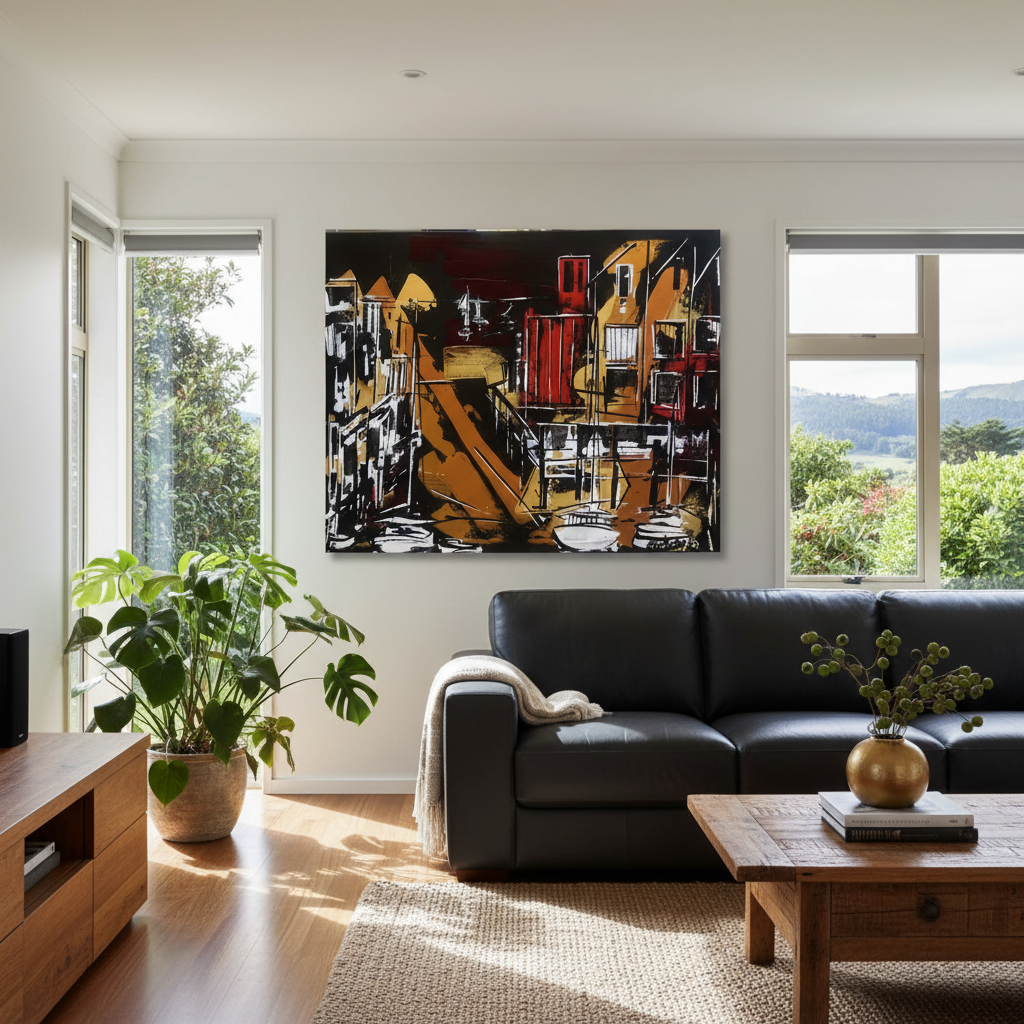 Large abstract painting Ahuriri by Marie Kjestrup Evans displayed in a warm contemporary home interior setting.
