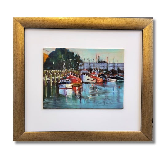 Original oil painting "Ahuriri Wharf" by Jane McIntosh, gold frame with cream mat, 53 x 47 cm
