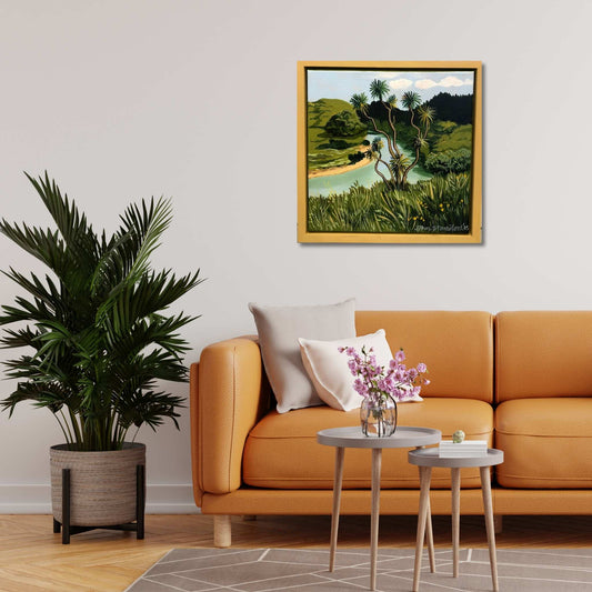 Akitio Painting by John Staniford styled in a modern living space — soulful New Zealand art bringing calm and connection into the home.