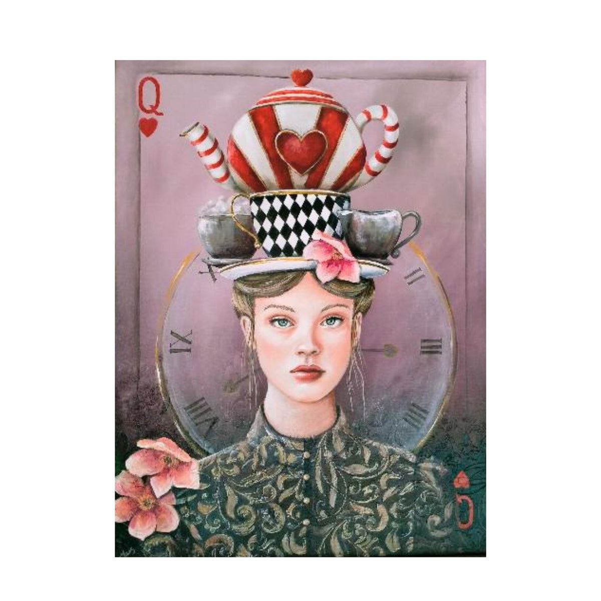 A surreal art print or painting featuring a Alice in Wonderland with a whimsical tea-party-themed headdress, including a striped teapot, cups, and flowers, set against a muted pink background with a large clock face behind her.