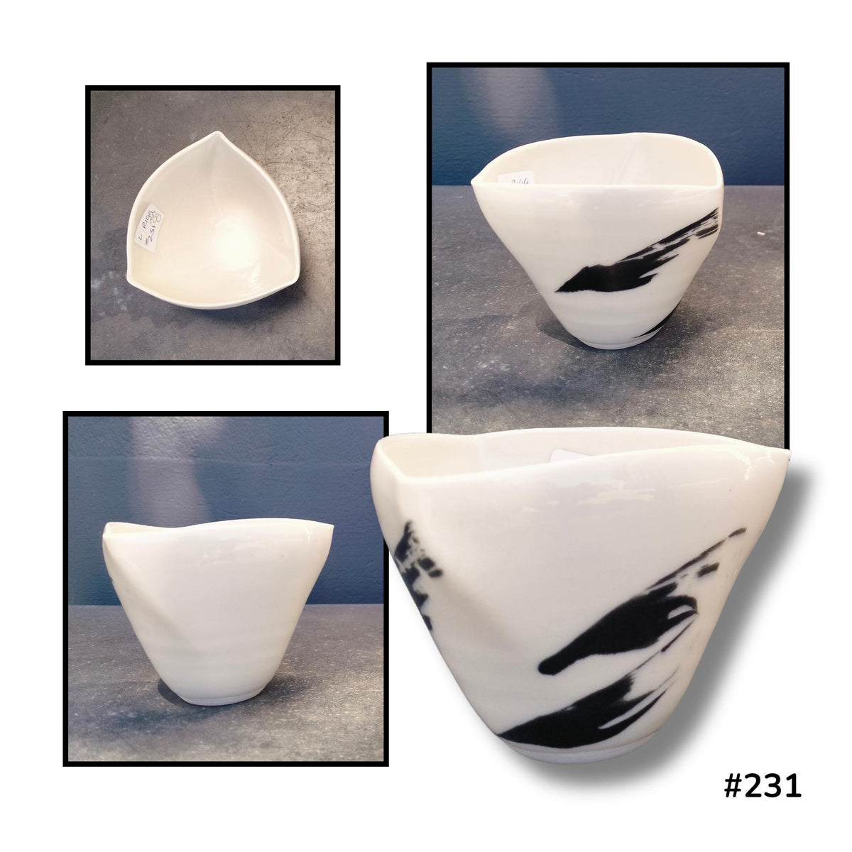 Altered Bowl with Feather Strokes #231 by Lyn Rigg, with a softly triangular rim and sweeping black feather-like markings on creamy porcelain, shown from above and several sides.
