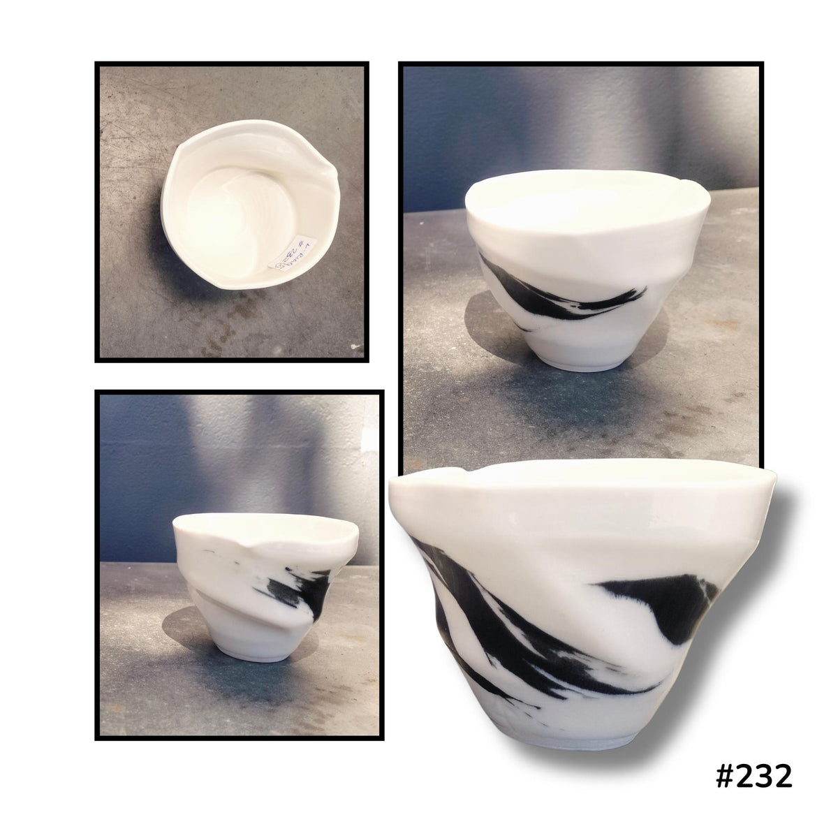 Altered Bowl with Feather Strokes #232 by Lyn Rigg, with curved black feather-like markings, a gently uneven rim and a tapered creamy porcelain body, shown from above and several sides.
