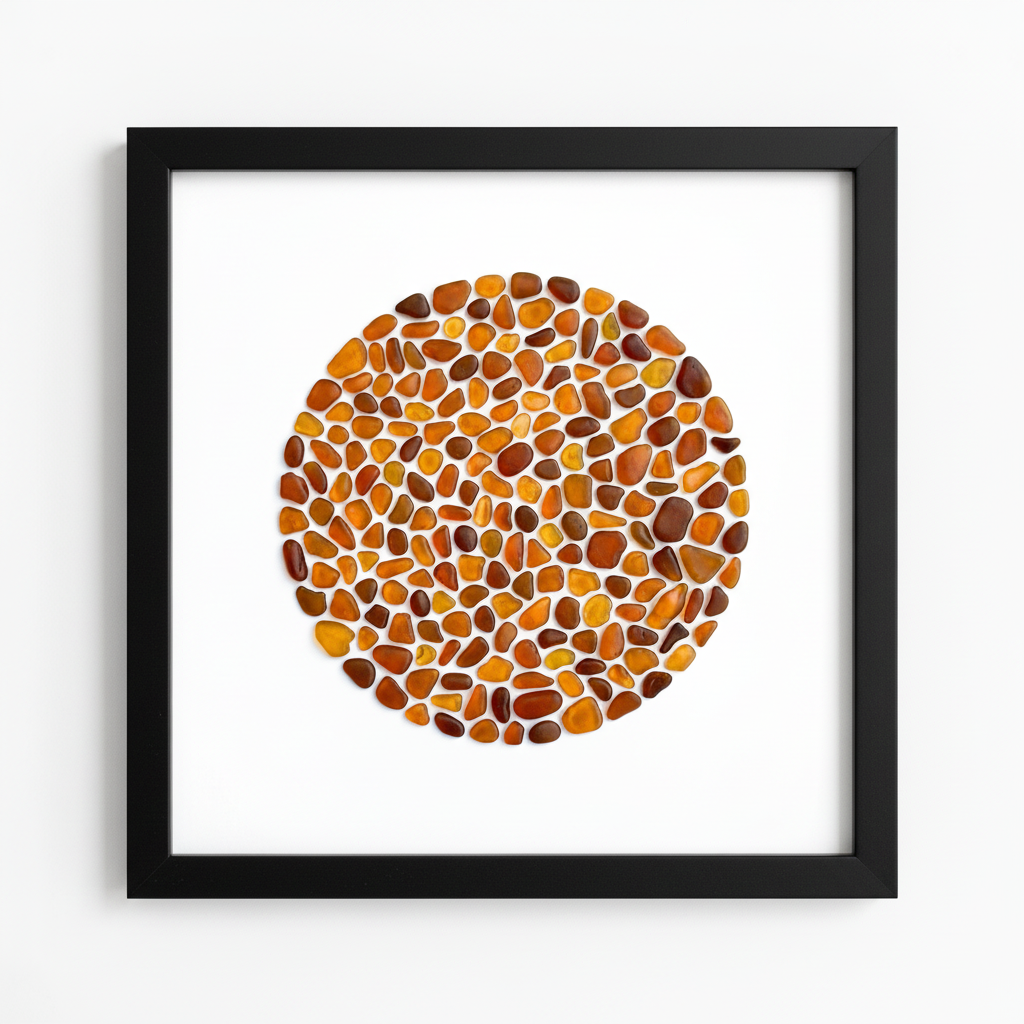 Amber sea glass art in black frame - front view by artist Steffi Tregenna