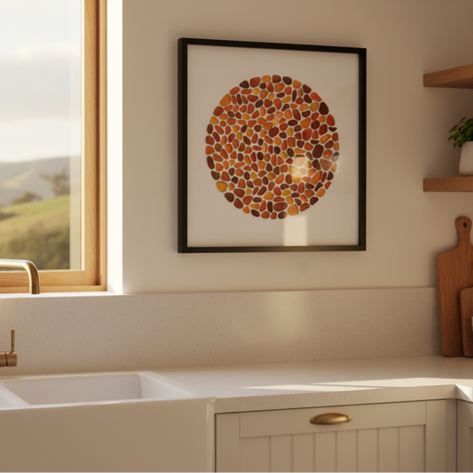 Amber sea glass art in sunny NZ kitchen