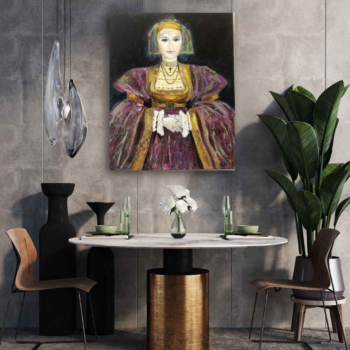 Anne of Cleves by Jenny Bishop displayed in a home interior — 60x77cm oil portrait with rich historical presence and regal character.