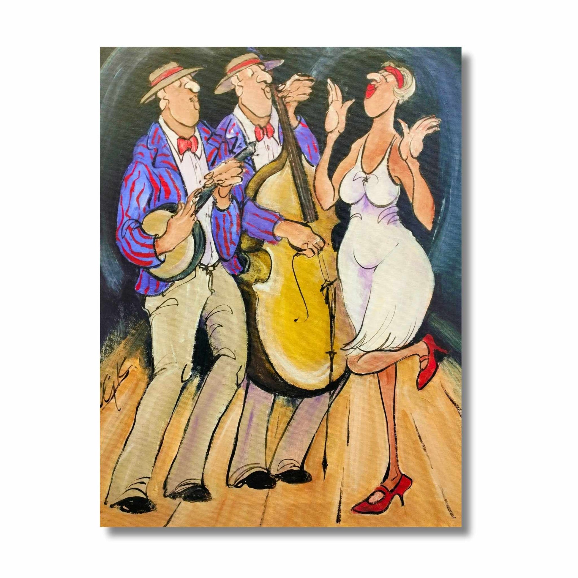 Art Deco Evening acrylic painting by Chloe King showing three jazz musicians in striped blazers with saxophone, double bass and glamorous singer
