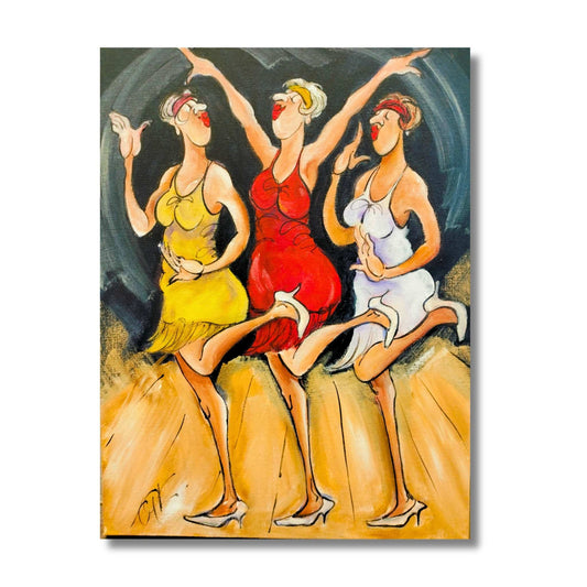 Art Deco Fun acrylic painting by Chloe King showing three Charleston dancers in yellow, red and white dresses with arms raised in celebration
