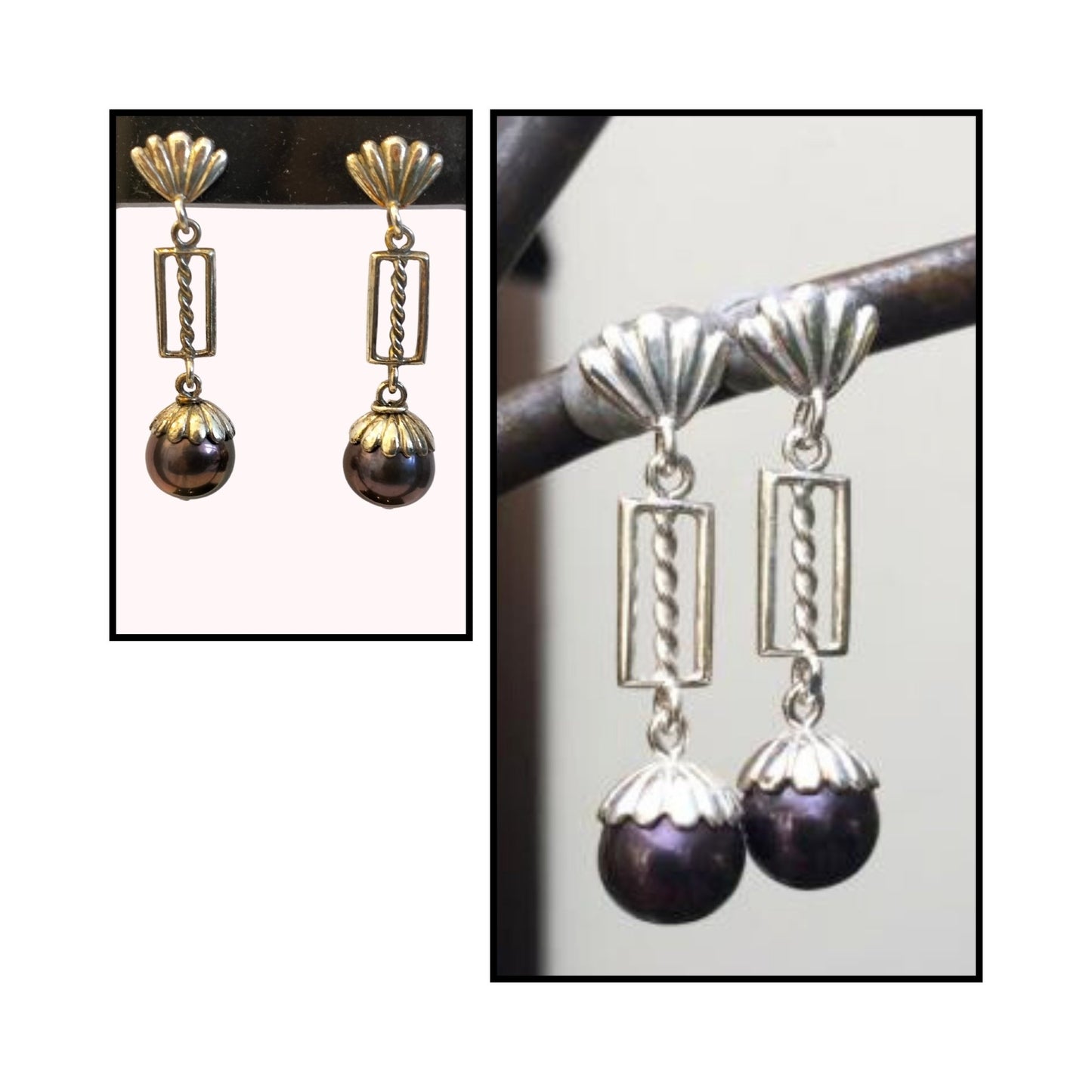 Art Deco-inspired sterling silver drop earrings with twisted rope detailing and freshwater pearl, handcrafted by Kim Jobson