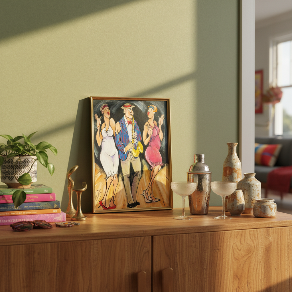 Art Deco Trio painting by Chloe King displayed in a stylish home, bringing vintage jazz age charm to the space
