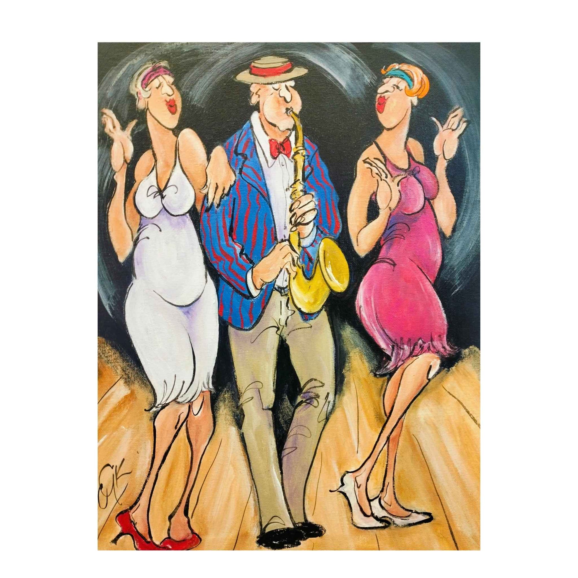 Art Deco Trio acrylic painting by Chloe King showing a saxophonist in striped blazer with two glamorous dancers in white and pink gowns
