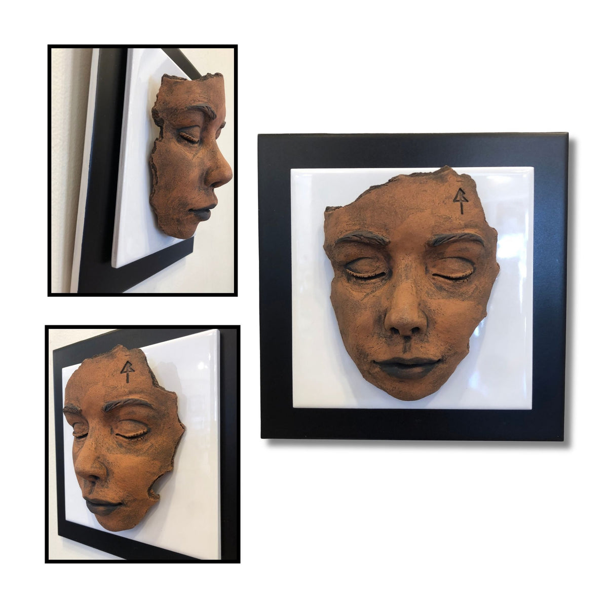 At Peace by Lyn Rigg, a textured clay face with closed eyes on white tiles and a dark square backing, shown from the front and two side angles.
