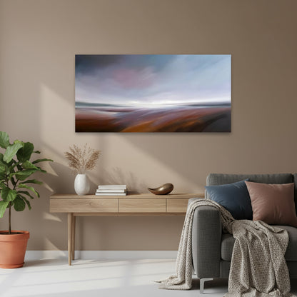 Tut Blumental’s abstract landscape ‘A Beautiful Autumn Day’ with rich brown and maroon hues beneath a wide sky, styled in a modern interior space.