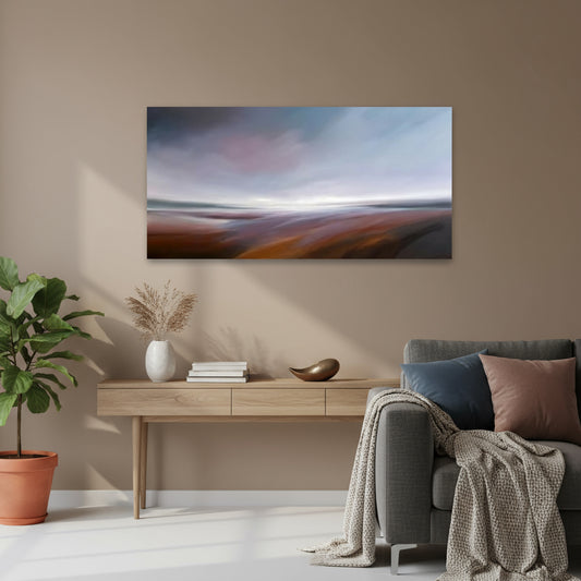 Tut Blumental’s abstract landscape ‘A Beautiful Autumn Day’ with rich brown and maroon hues beneath a wide sky, styled in a modern interior space.