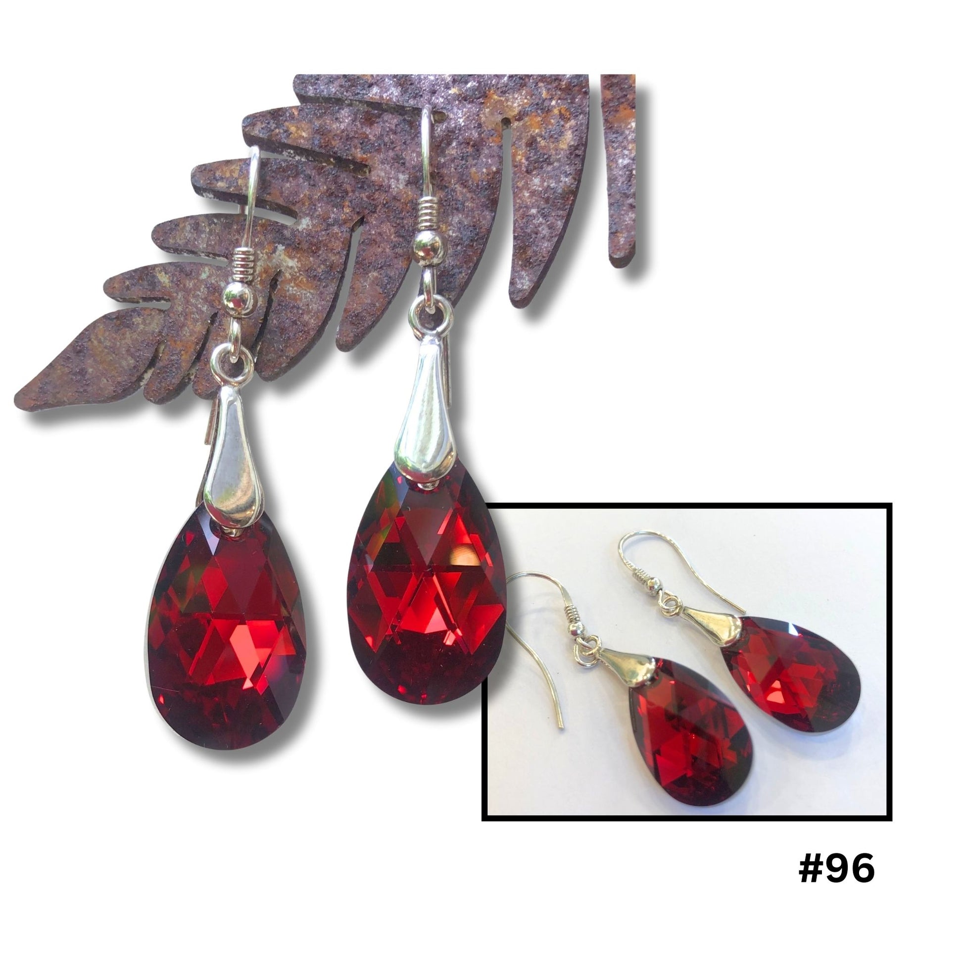 Red Austrian crystal teardrop earrings with silver ear wires by Diane Davidson