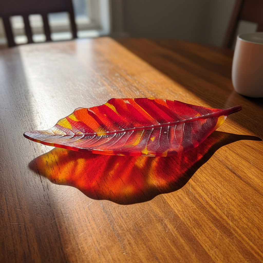 Autumn Aura glass leaf flat on table