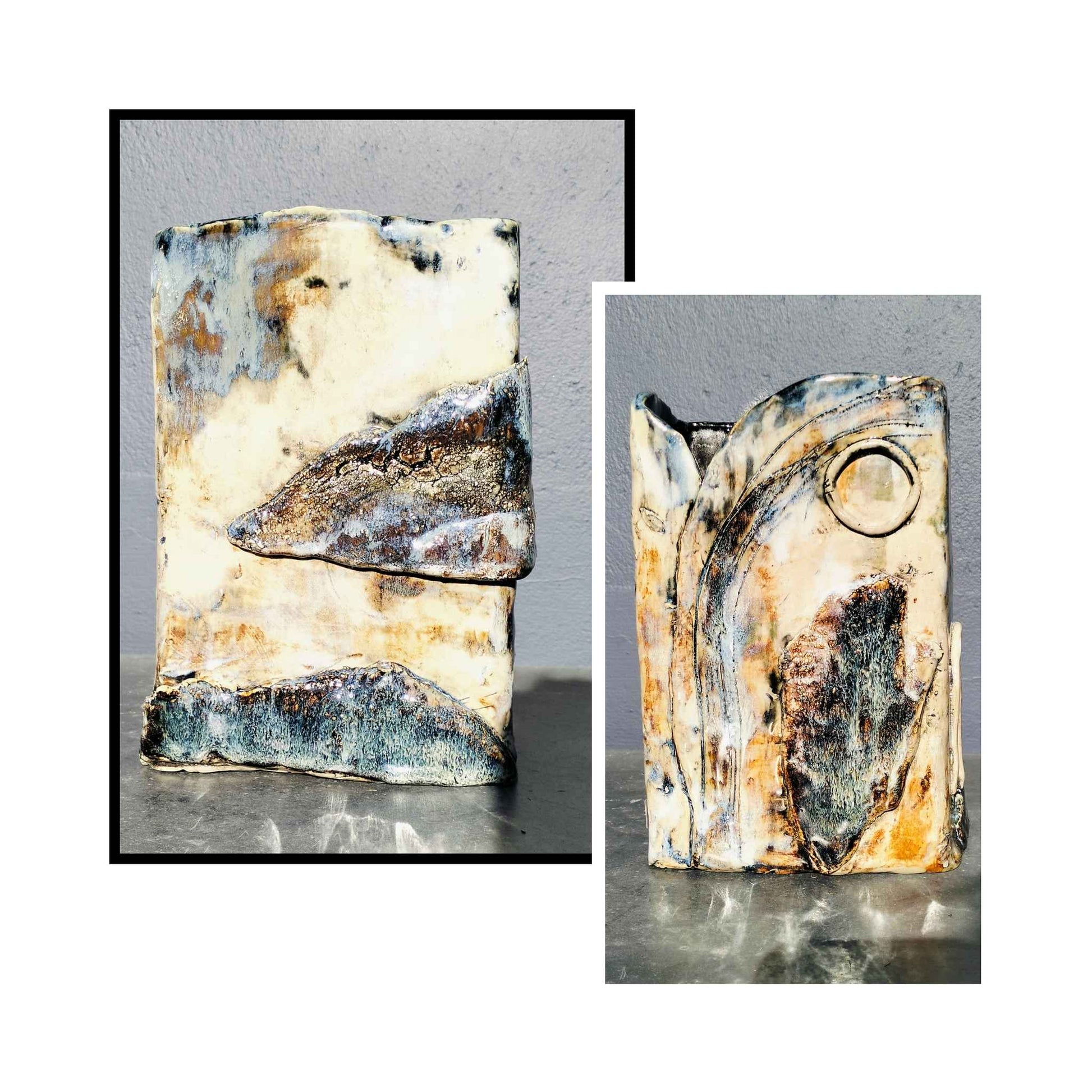 Handmade rectangular ceramic vase by Storm Davenport with layered clay pieces joined along the front and an earthy smooth glaze, front and back view