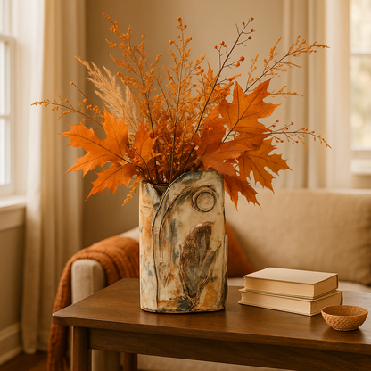 Decorative vase with autumn leaves on a wooden table in a cozy room.