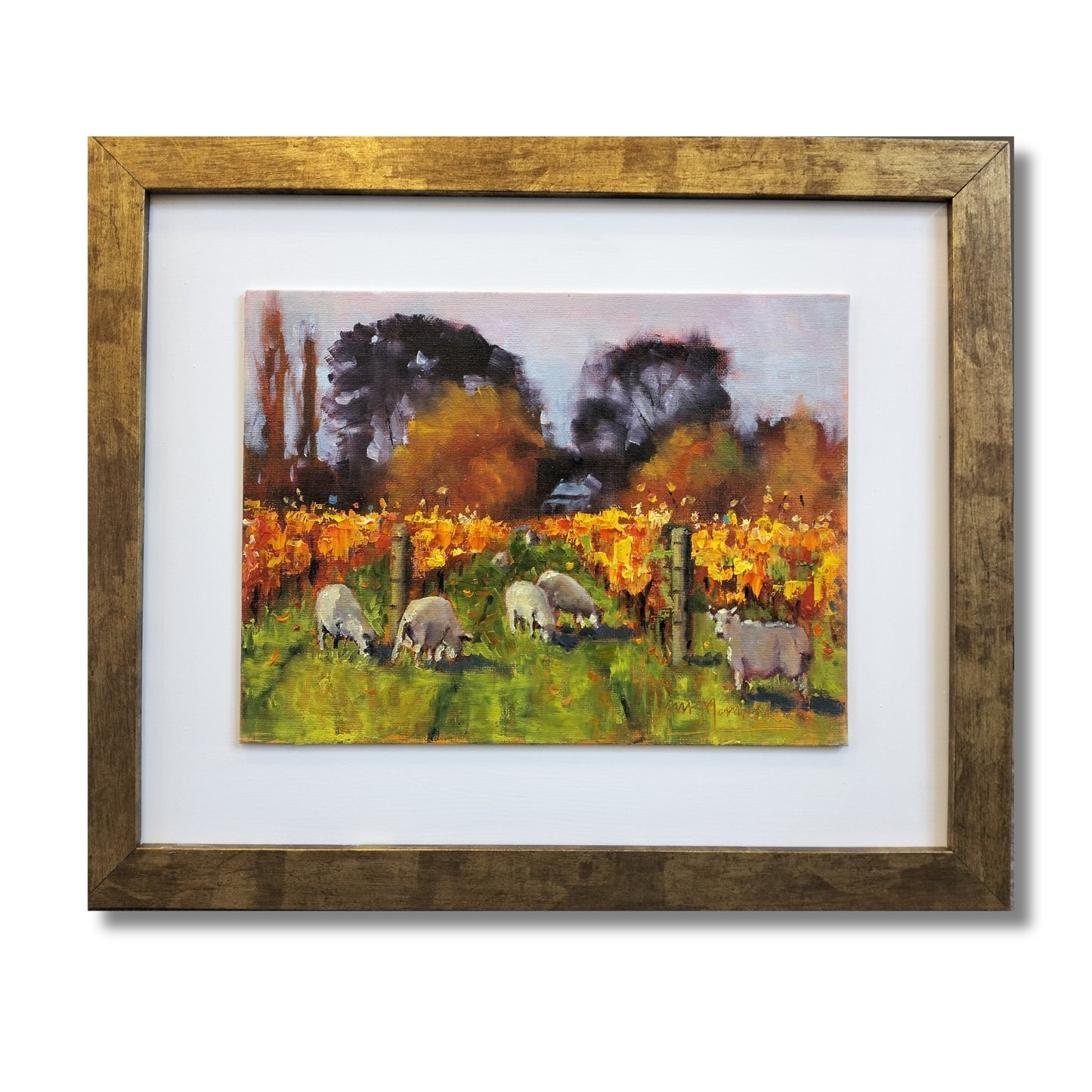 Original oil painting "Autumn Vineyards, Hawkes Bay" by Jane McIntosh, gold frame with cream mat, 46 x 38 cm
