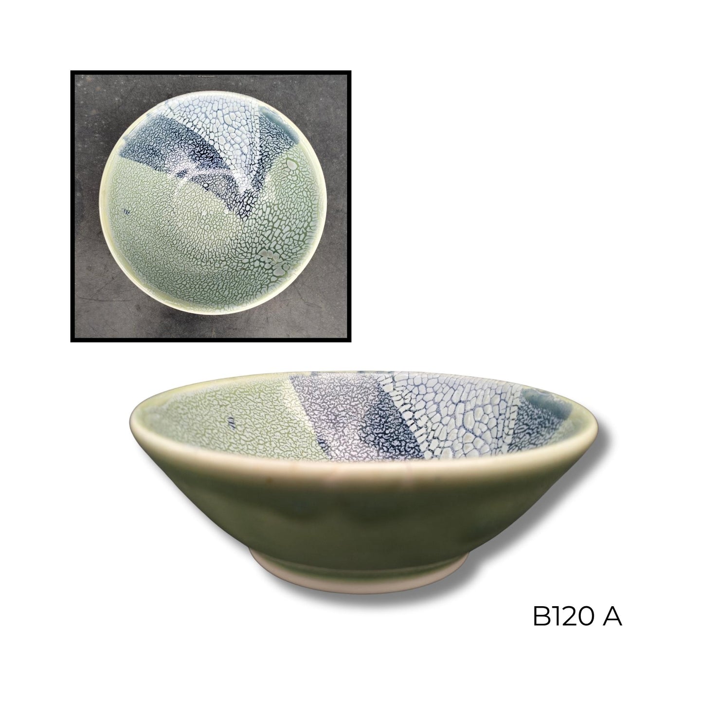 Brian Gartside B120  #A ceramic bowl featuring soft turquoise glaze with white accents in organic flowing pattern