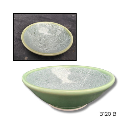 Brian Gartside B120  #B ceramic bowl featuring soft turquoise glaze with white accents in organic flowing pattern