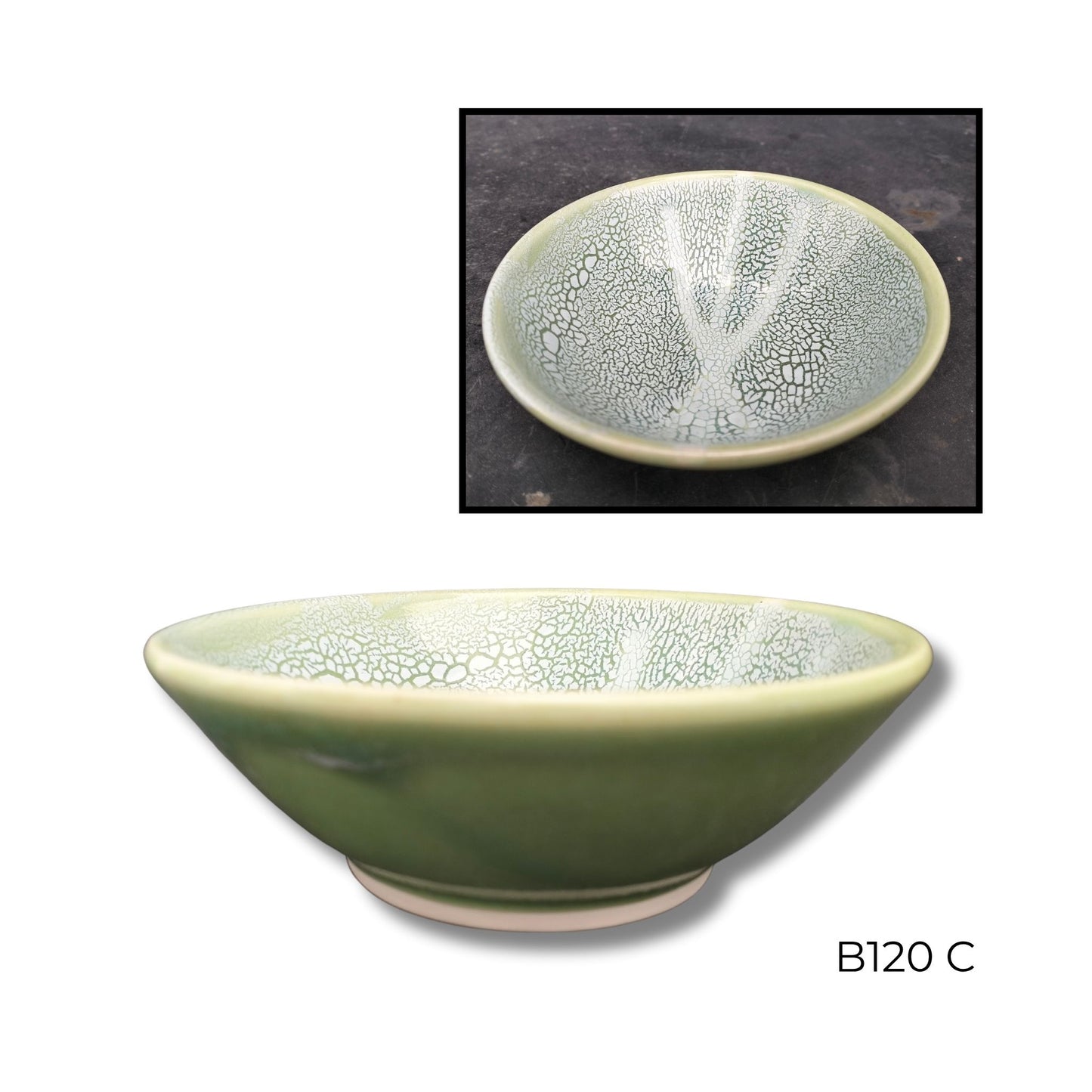 Brian Gartside B120  #C ceramic bowl featuring soft turquoise glaze with white accents in organic flowing pattern