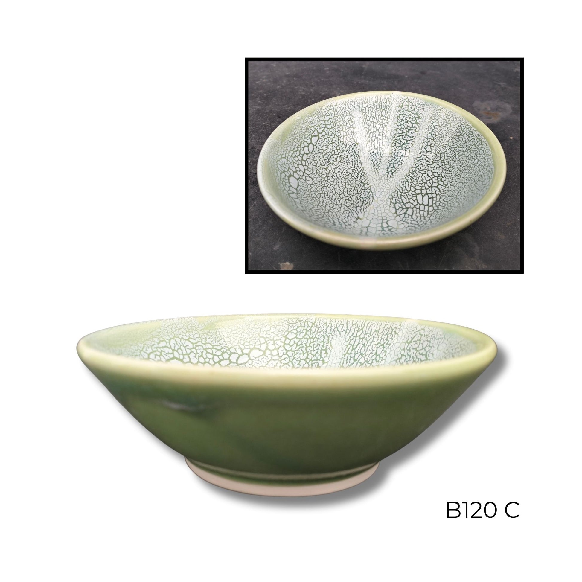 Brian Gartside B120  #C ceramic bowl featuring soft turquoise glaze with white accents in organic flowing pattern