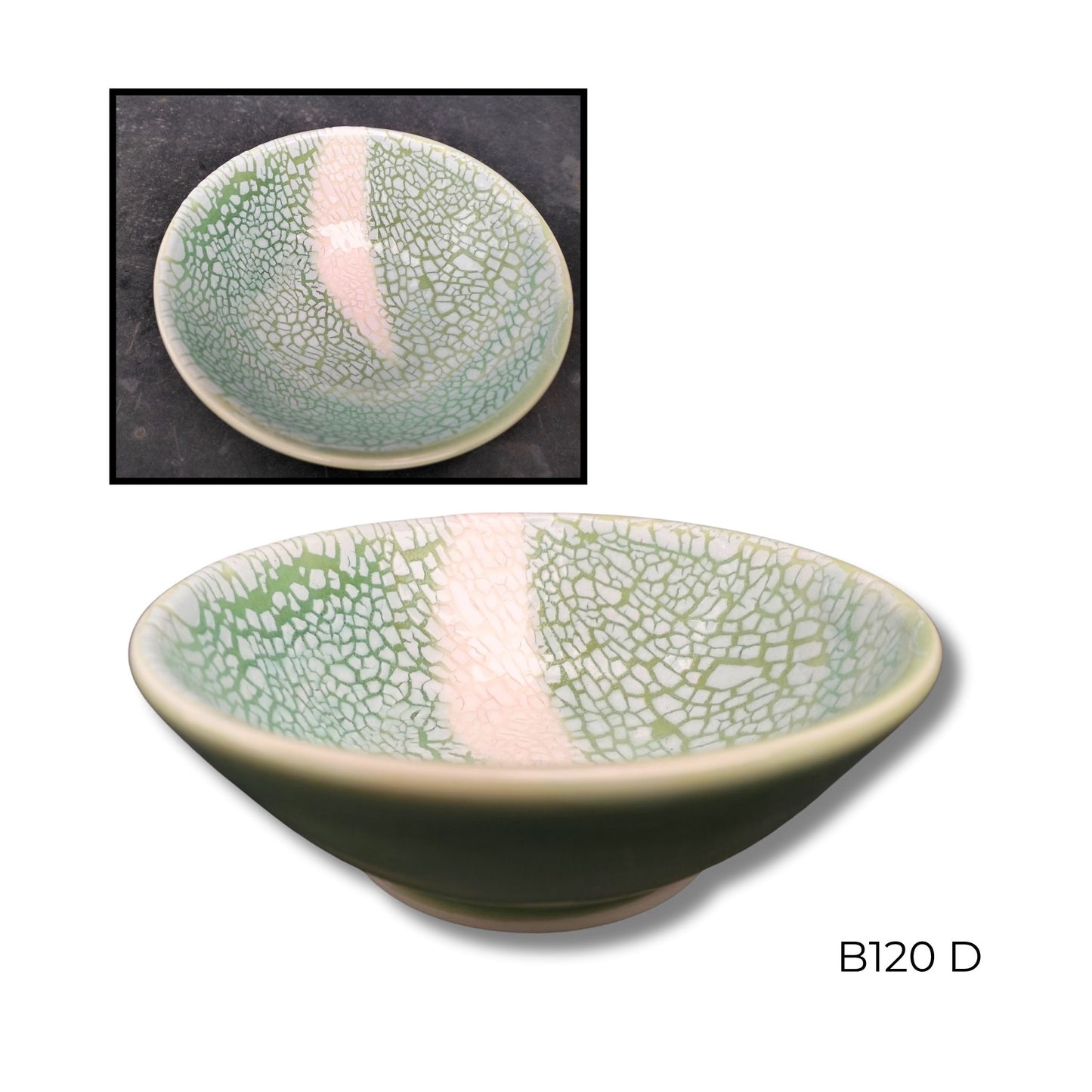 Brian Gartside B120  #D ceramic bowl featuring soft turquoise glaze with white accents in organic flowing pattern
