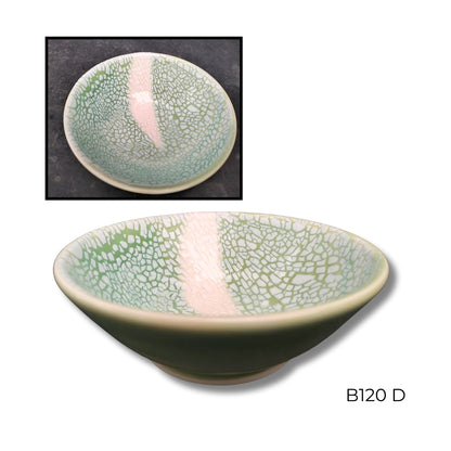 Brian Gartside B120  #D ceramic bowl featuring soft turquoise glaze with white accents in organic flowing pattern