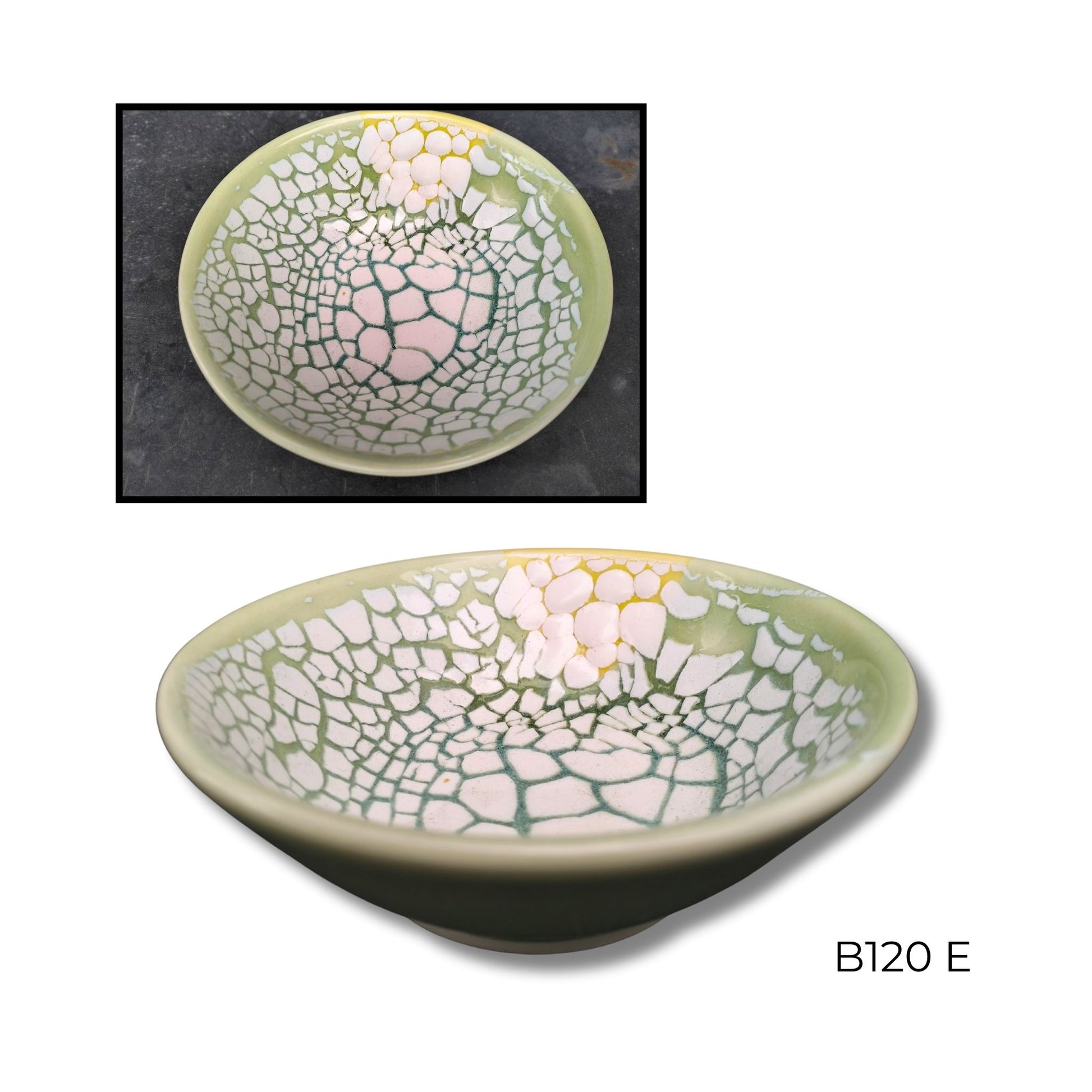 Brian Gartside B120  #E ceramic bowl featuring soft turquoise glaze with white accents in organic flowing pattern