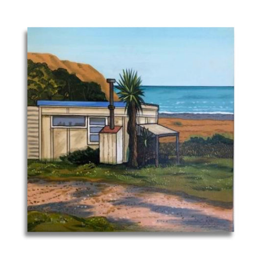 Bach Tangoio by John Staniford – acrylic painting of a New Zealand coastal bach, dirt drive, single cabbage tree, and warm summer landscape