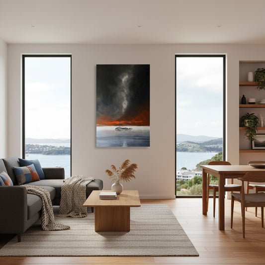Bruce Mortimer’s Bare Island artwork capturing Hawke’s Bay coastline in dramatic colour in lifestyle mock up
